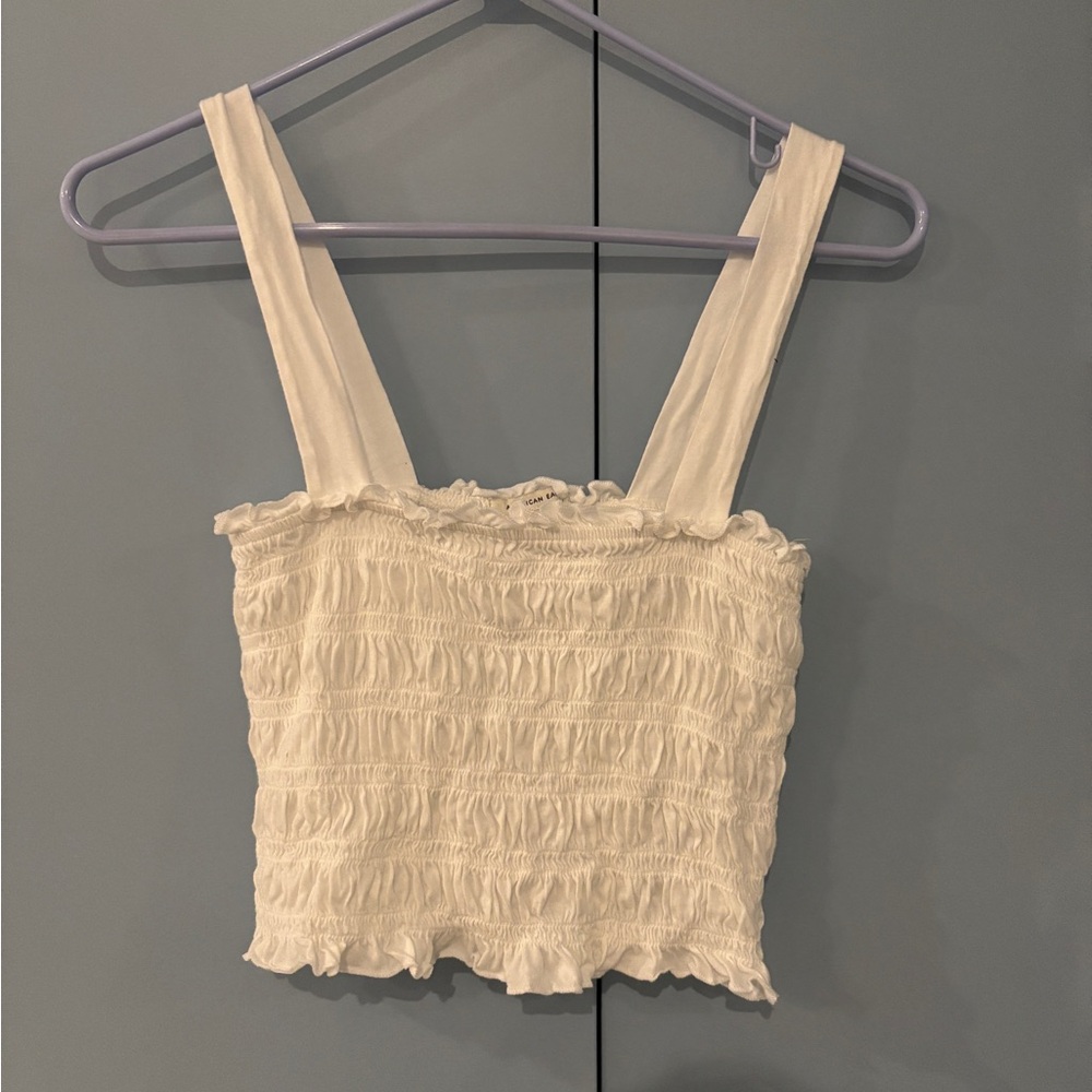 American Eagle White Cropped Tank Top with Ruched Texture Size S